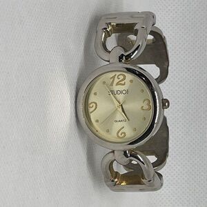 Studio Time Women Wrist Watch Gold Tone Round Face Clamper Bracelet Style Quartz